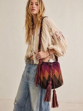 Handwoven Multicolor Tassel Fringe Boho Festive Bucket Bag Pink, Orange & Brown